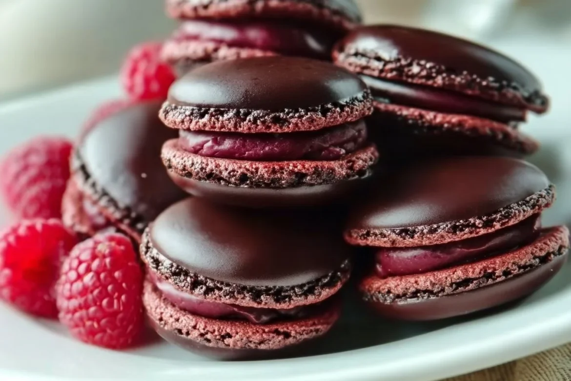 Decadent dark chocolate raspberry macarons on a dessert plate