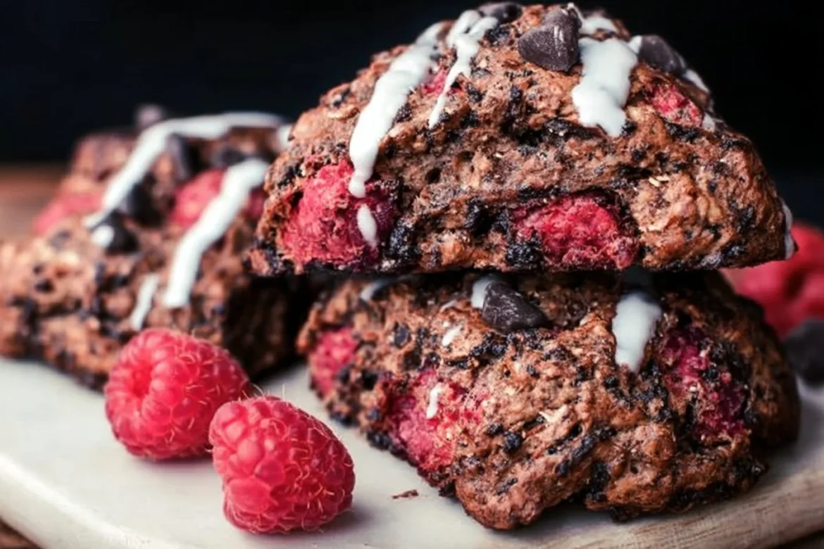 Freshly baked dark chocolate raspberry scones on a cooling rack