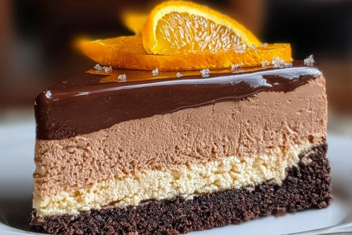 Decadent Chocolate Orange Cheesecake with chocolate and orange toppings