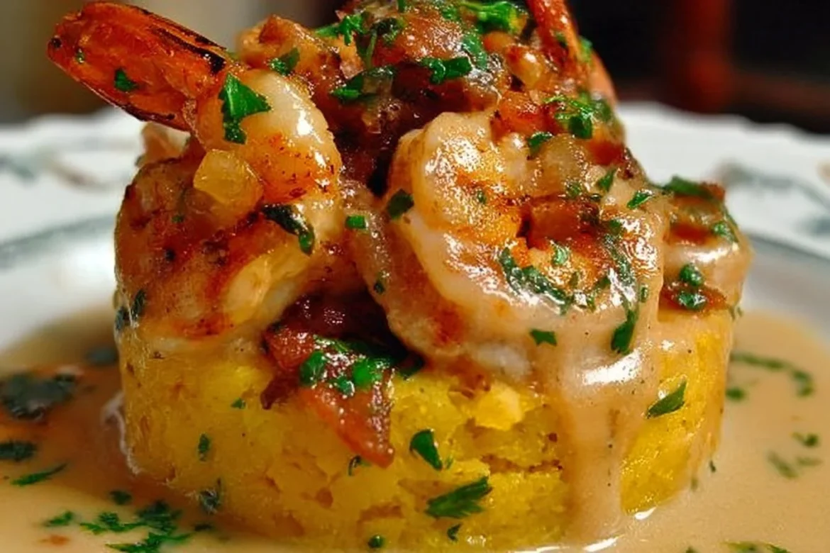 Delicious Garlic Shrimp Mofongo served with herbs and spices
