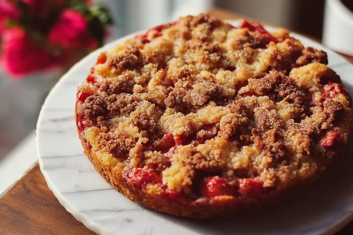 Delicious strawberry rhubarb buckle dessert on a plate