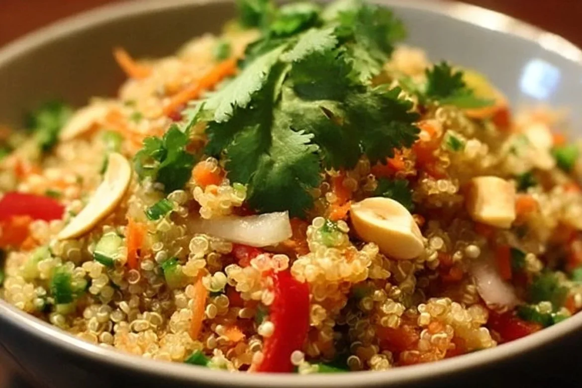 Bowl of Delicious Thai Quinoa Salad with colorful vegetables and herbs