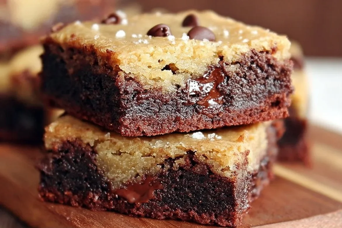 Delicious double layer vegan brownie cookie bars fresh out of the oven.