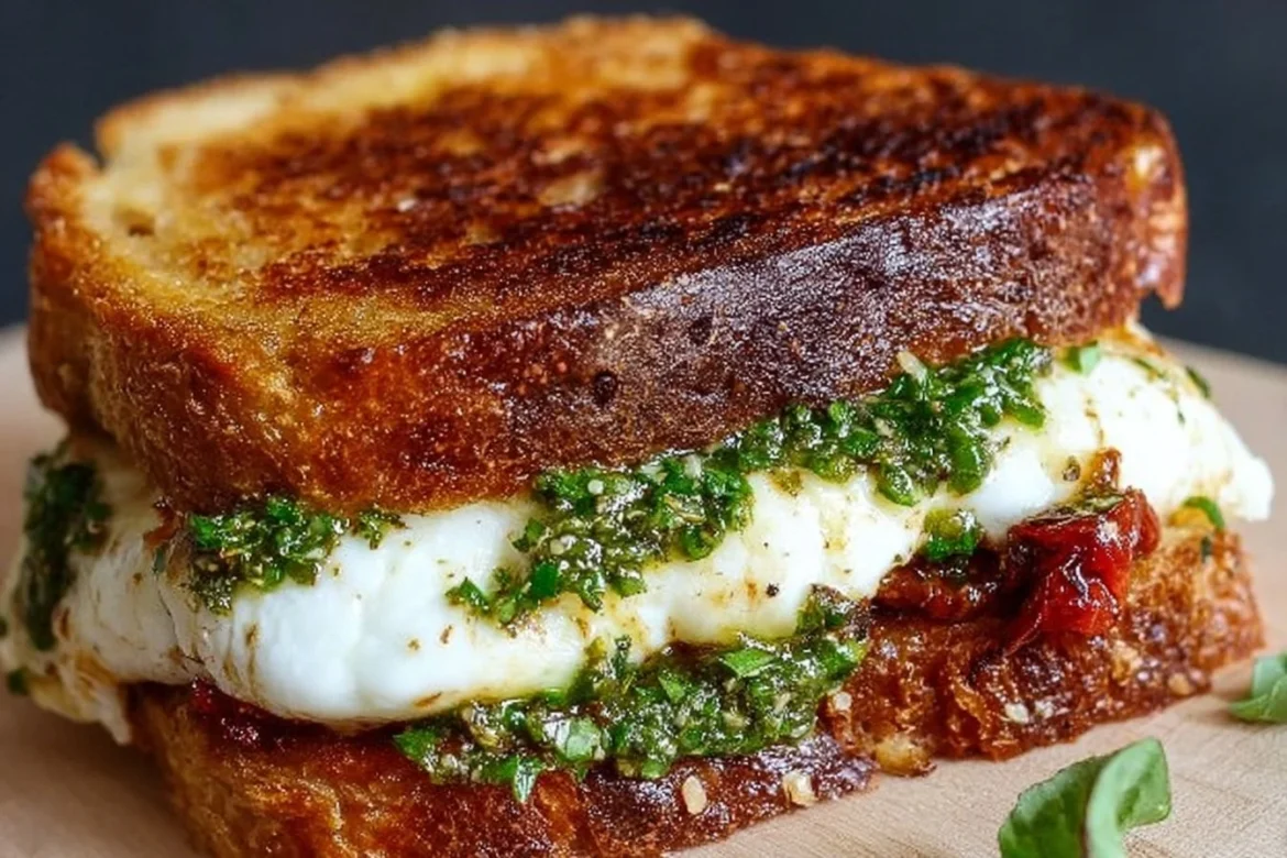 Delicious easy burrata grilled cheese sandwich with melted cheese