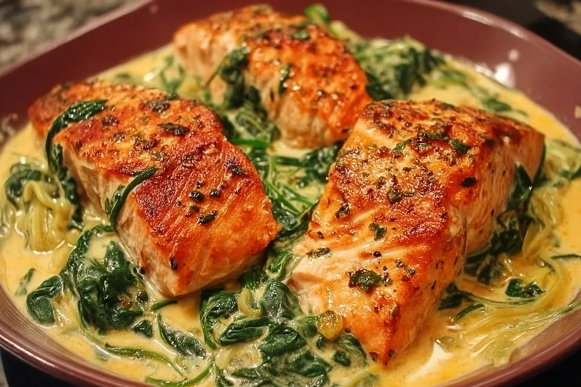 Plate of easy creamy salmon florentine with spinach and creamy sauce