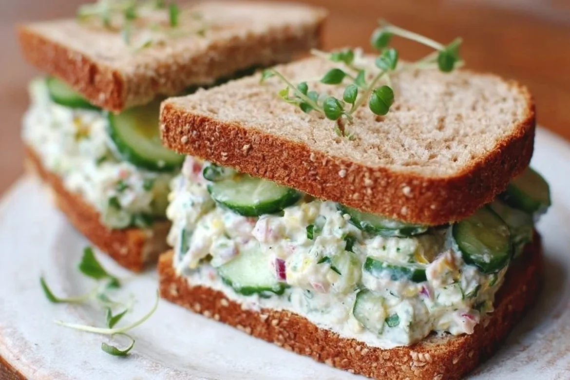 Delicious easy cucumber salad sandwiches on a plate