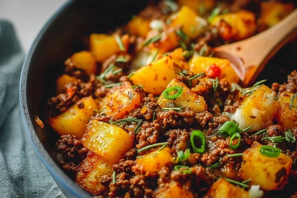 One-pan ground beef and potatoes dish served in a skillet