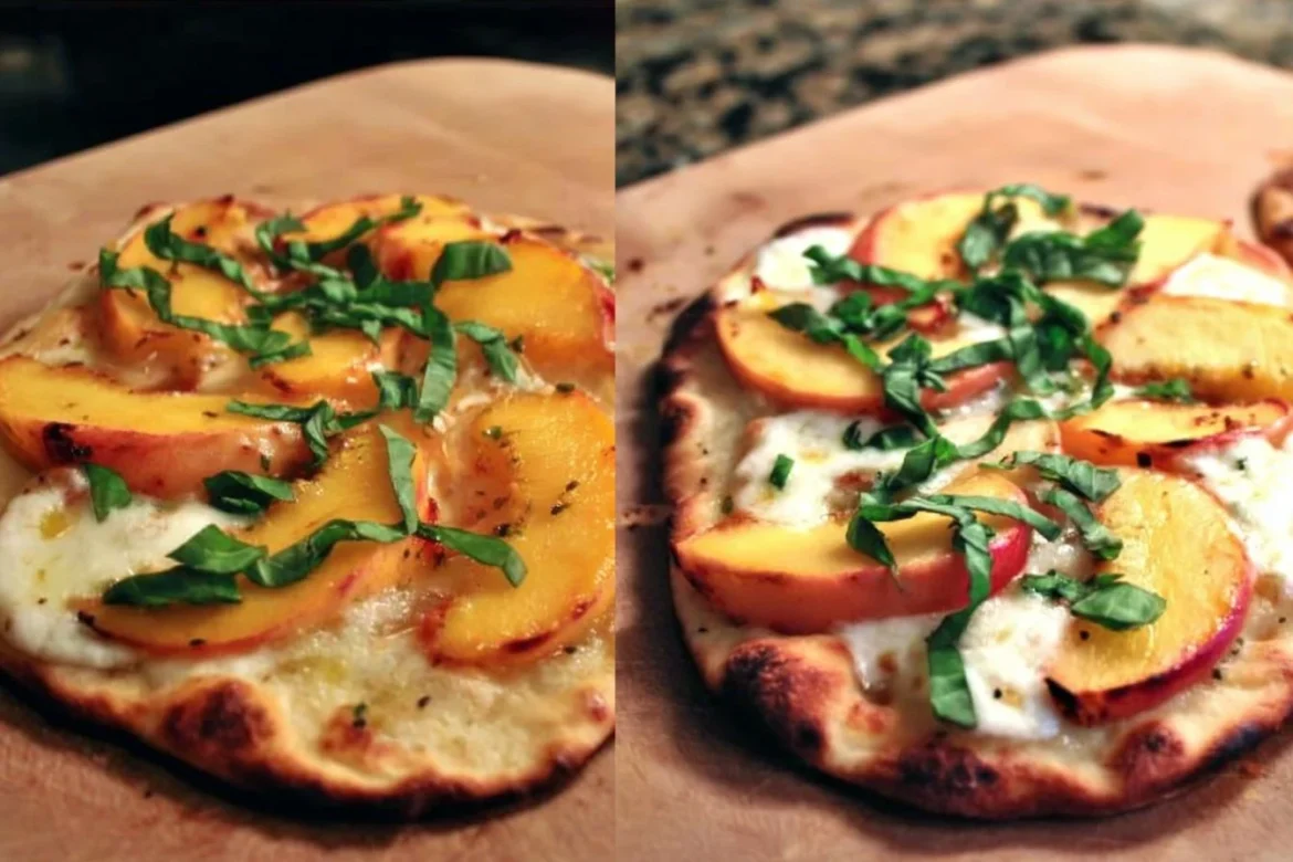 Peach and basil naan bread pizza topped with fresh peaches and herbs