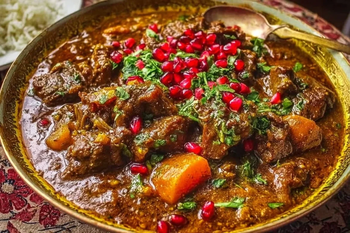 Bowl of Easy Persian Lamb Stew with spices and herbs