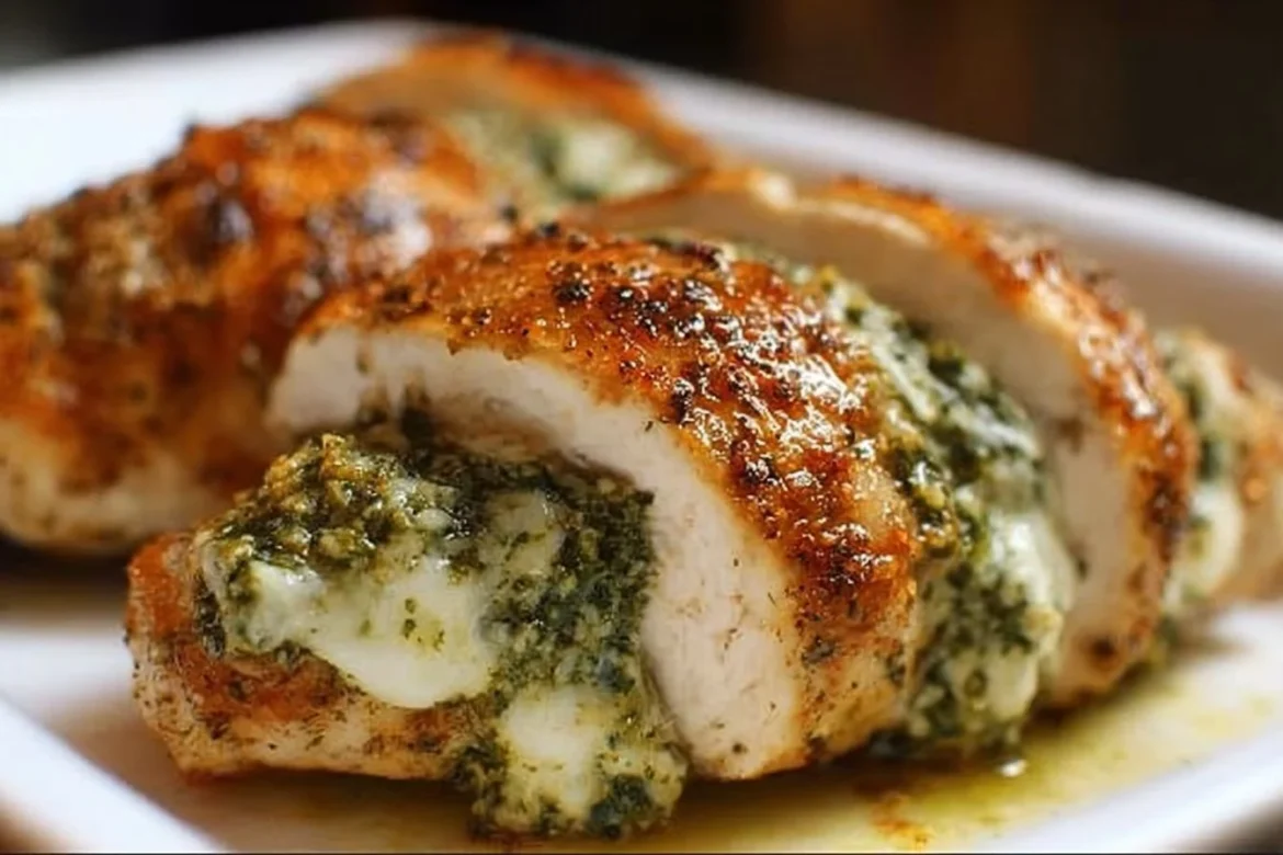 Delicious easy pesto stuffed chicken breast with fresh herbs and cheese