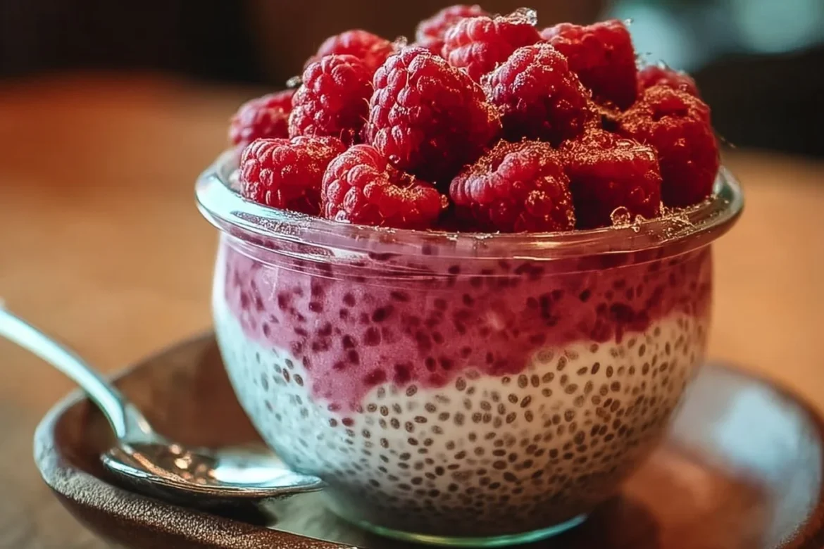 Bowl of easy raspberry chia pudding topped with fresh raspberries