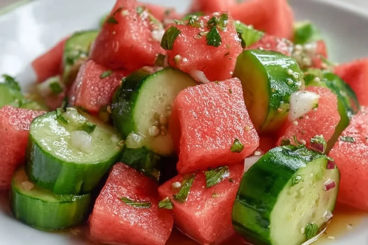 Easy watermelon cucumber salad with fresh ingredients in a bowl