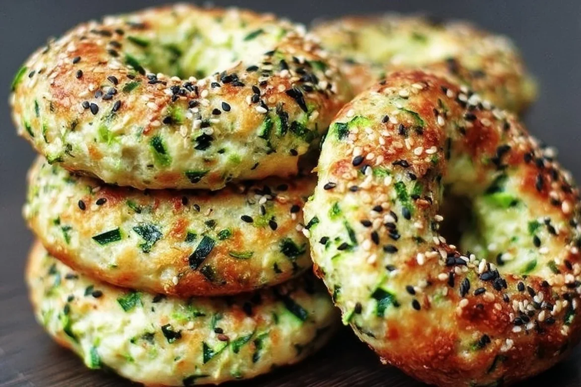 Homemade easy zucchini bagels on a wooden cutting board