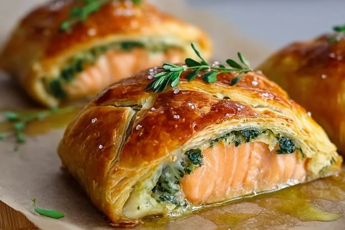 Elegant Salmon Wellington recipe with flaky pastry and seasoned salmon fillet.