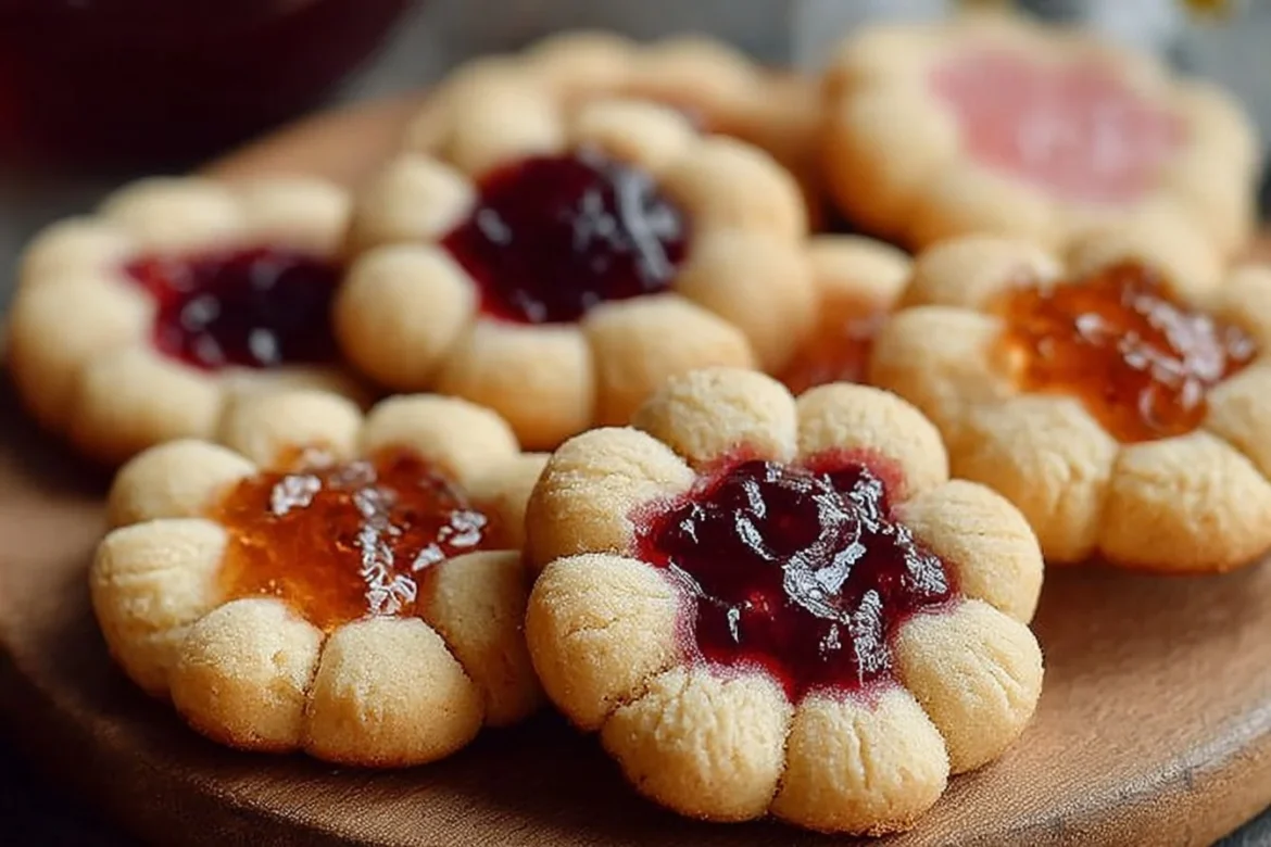 Flower Jam Thumbprint Cookies with vibrant jam filling.