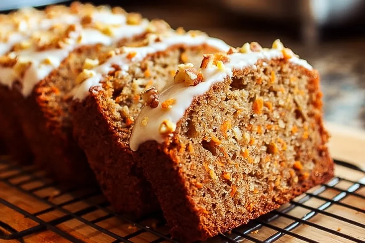 Fluffy carrot cake banana bread with cream cheese frosting on a rustic table