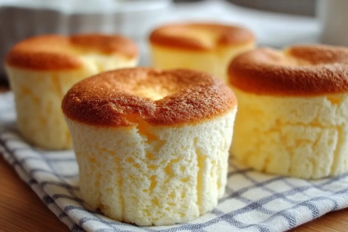 Fluffy Japanese Cotton Cheesecake Cupcakes on a white plate with strawberries