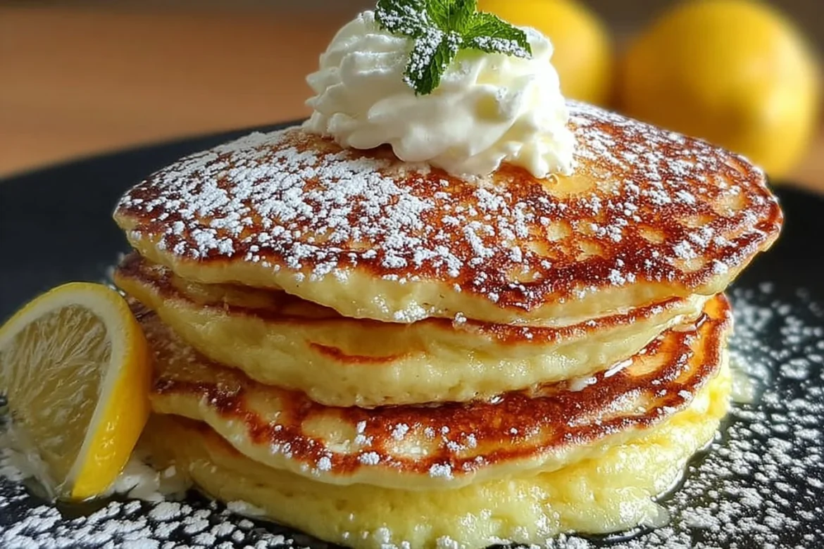 Fluffy lemon ricotta pancakes stacked on a plate with syrup and lemon slices