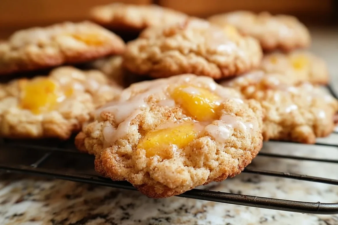 Fluffy peach cobbler cookies stacked on a plate, showcasing their delicious texture.