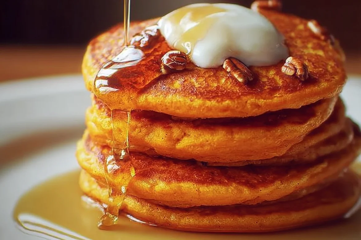 Fluffy sweet potato pancakes stacked and served with syrup and berries