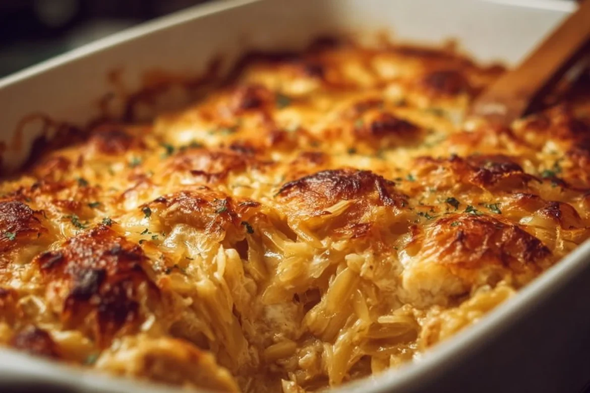 Creamy French onion chicken orzo casserole topped with melted cheese
