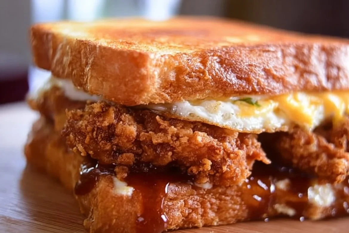 Delicious French Toast Fried Chicken Sandwich served with syrup and garnish.