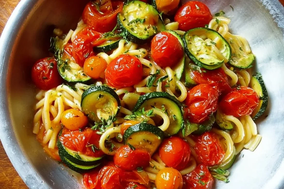 Fresh garden tomato zucchini pasta dish topped with herbs