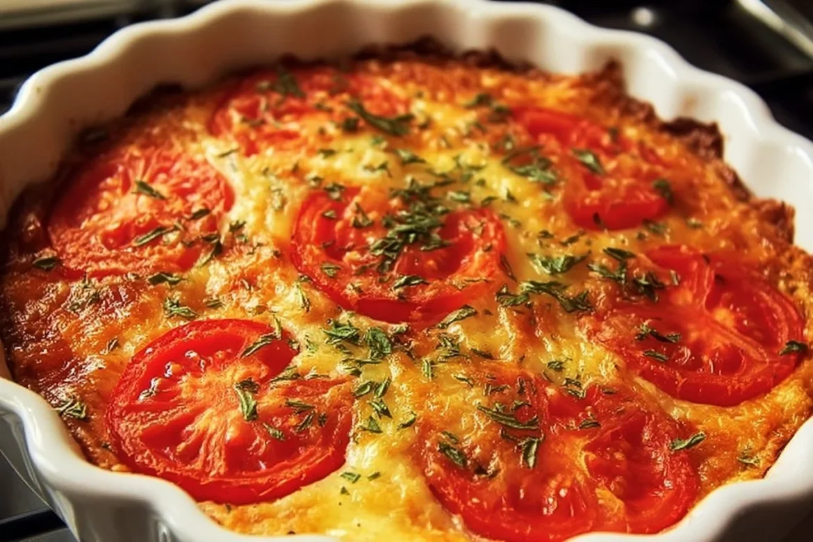 Crustless Oregano Tomato Pie garnished with fresh herbs and tomatoes