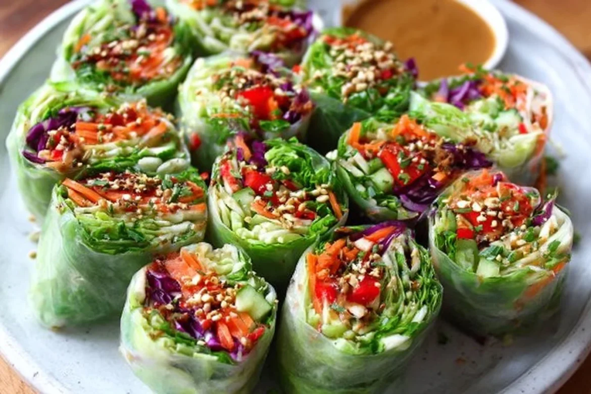 Fresh spring rolls served with peanut sauce on a plate