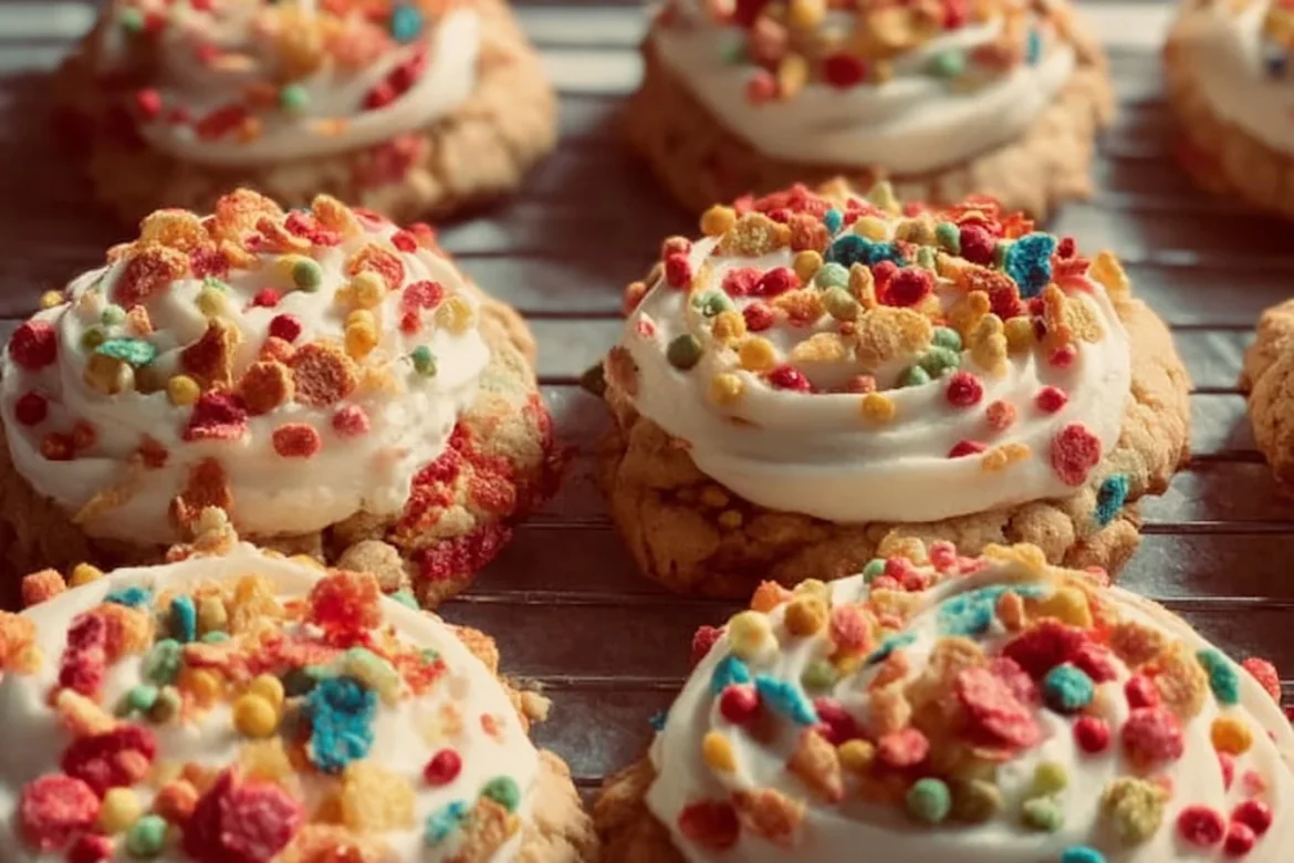 Deliciously frosted Fruity Pebble cookies with colorful cereal toppings.