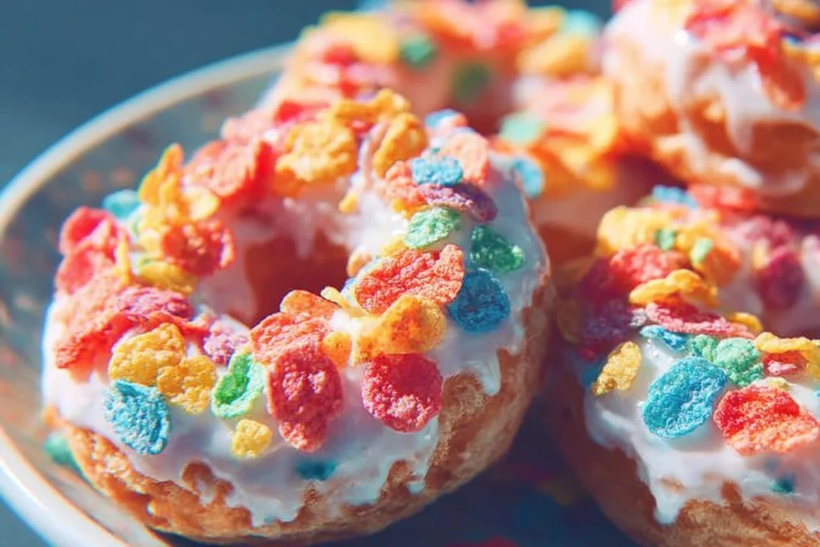 Delicious Fruity Pebble baked vanilla donuts topped with cereal