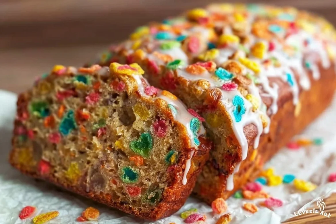 Fruity Pebbles Banana Bread with colorful cereal topping