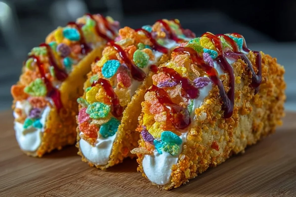 Fruity Pebbles cheesecake tacos topped with colorful cereal