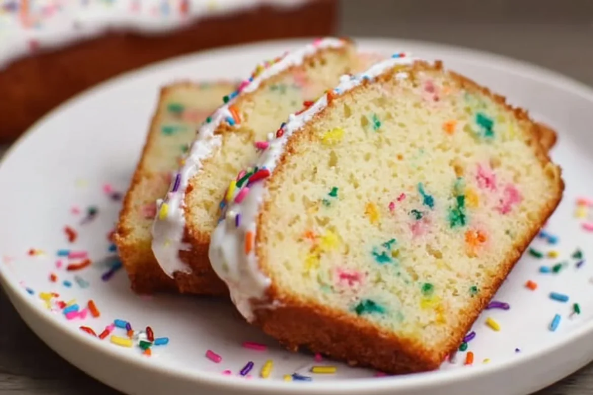 Slices of Funfetti Pound Cake with colorful sprinkles on a decorative plate