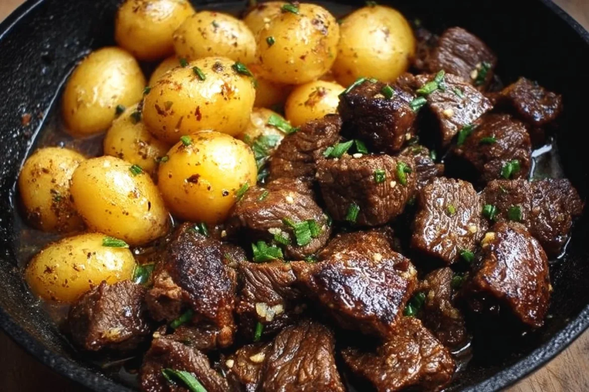 Delicious Garlic Butter Beef Bites served with tender potatoes