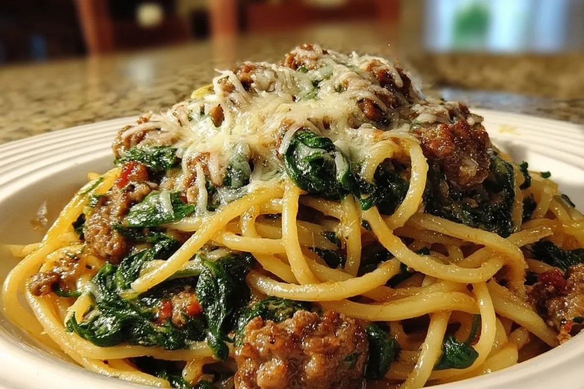 Garlic butter spaghetti topped with cheesy Italian sausage and fresh spinach