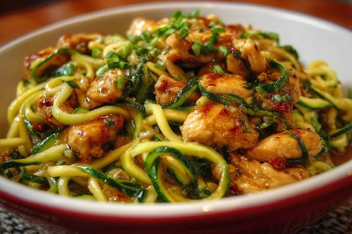 Garlic Chicken Zucchini Noodles Stir Fry served in a bowl
