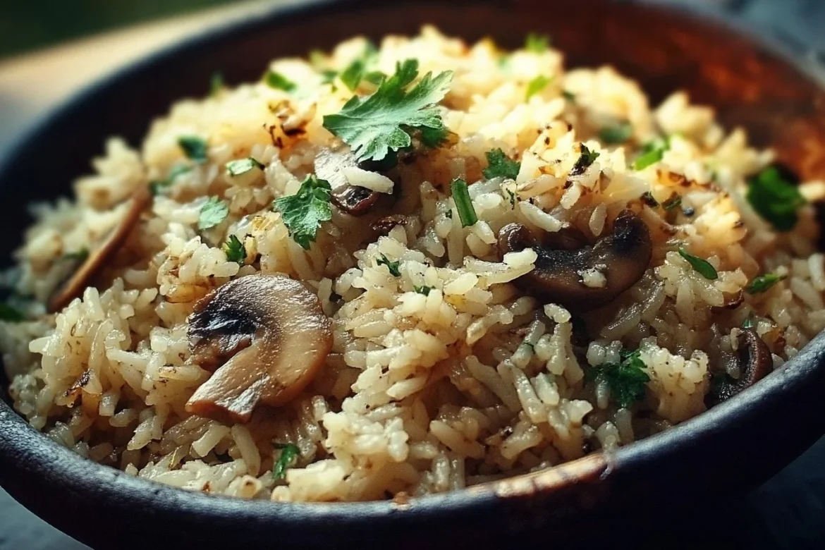 A bowl of Garlic Mushroom Rice Pilaf with fresh herbs and vegetables