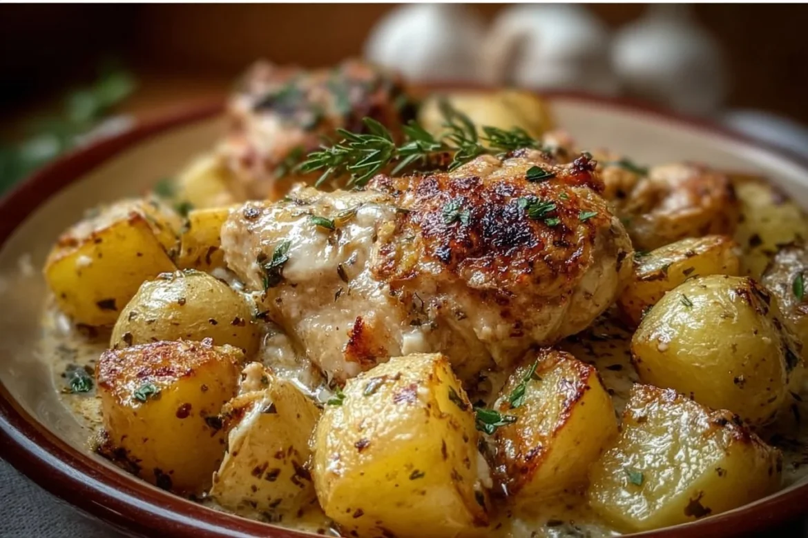 Delicious Garlic Parmesan Chicken and Potatoes cooked in a crockpot