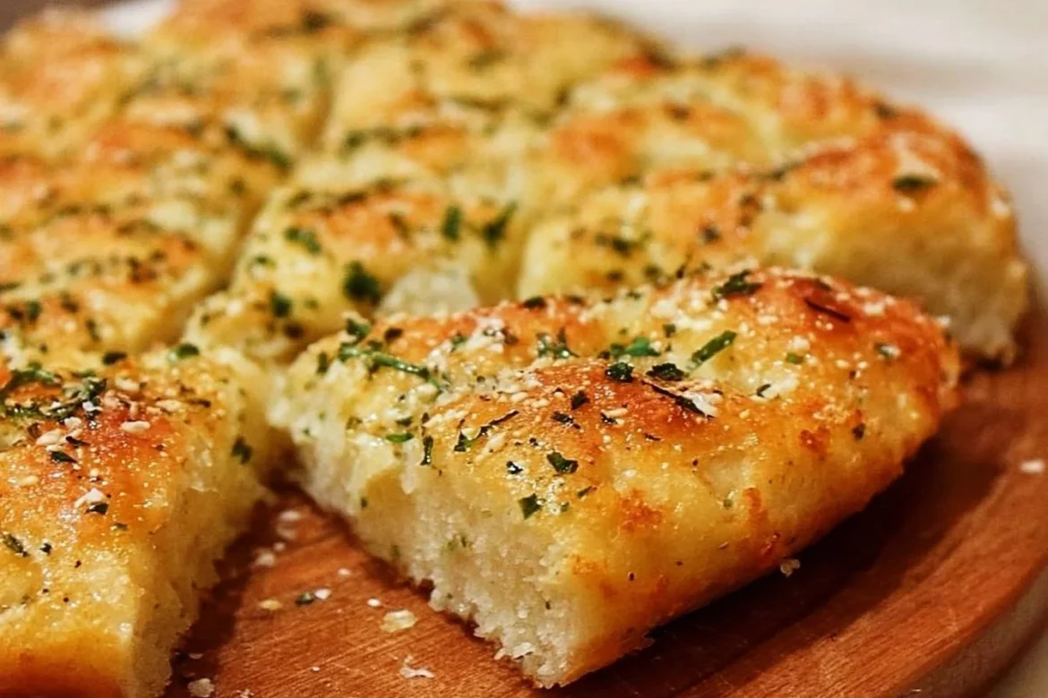 Freshly baked Garlic Parmesan Focaccia bread with herbs and garlic