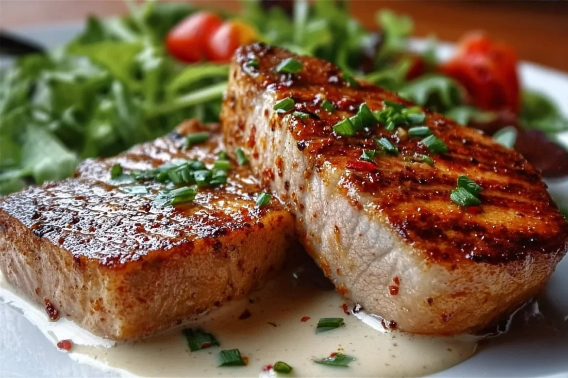 Grilled garlic tuna steaks garnished with herbs and served on a plate.