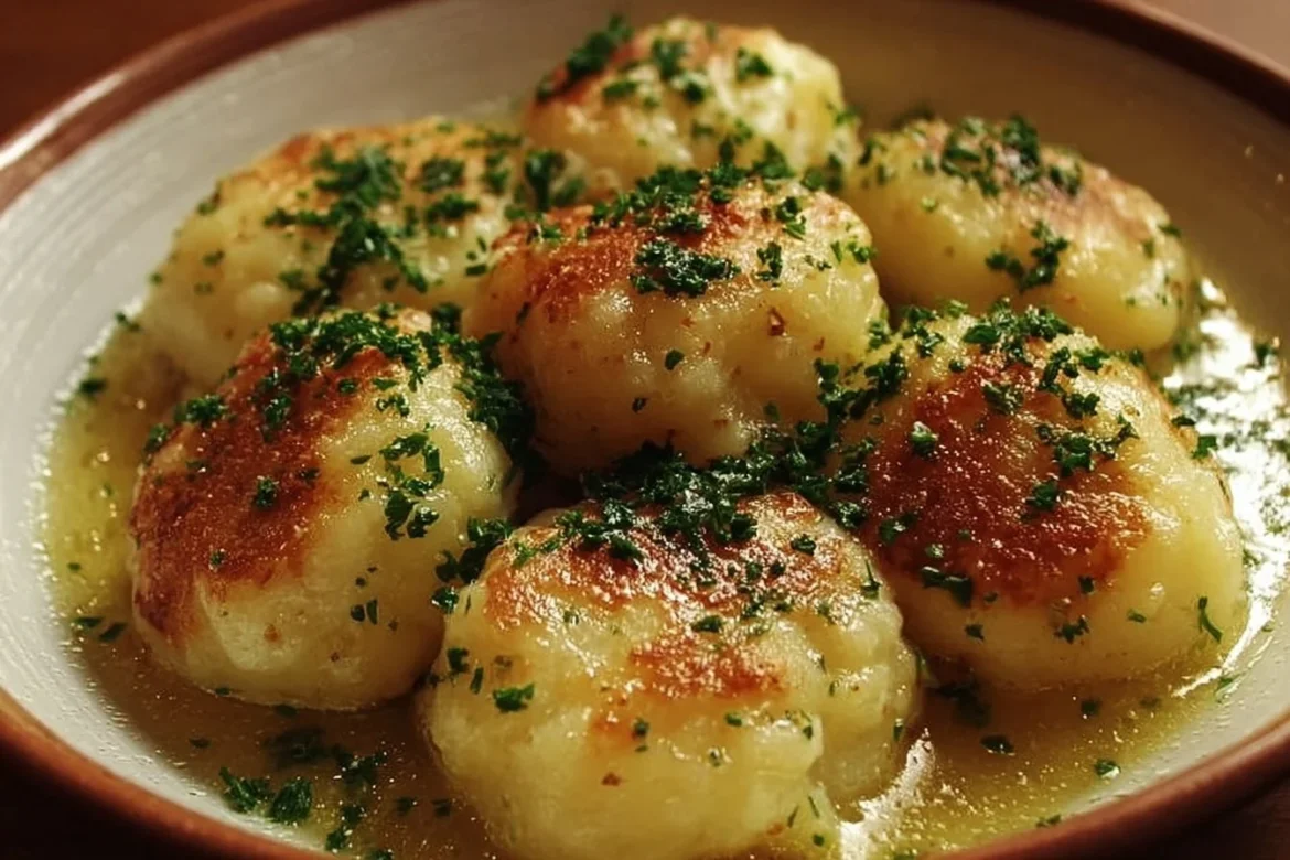 Delicious German Potato Dumplings served with sauce and garnish.