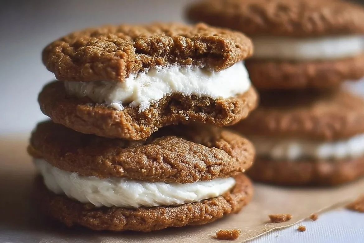Gingerbread oatmeal cream pies with creamy filling on a festive background.