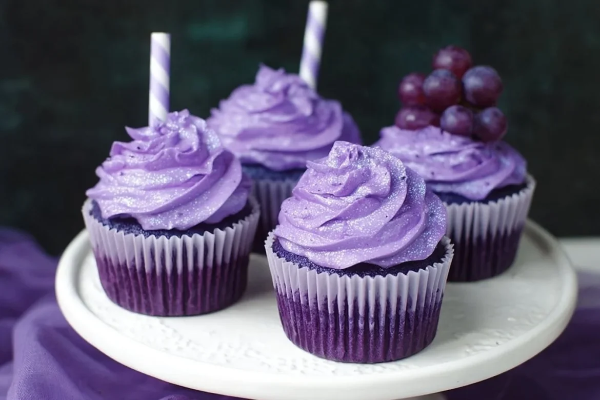 Grape soda cupcakes topped with purple frosting and colorful sprinkles