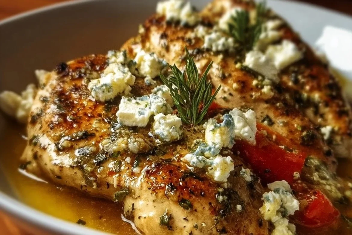 Plate of Greek chicken with lemon and feta garnished with herbs
