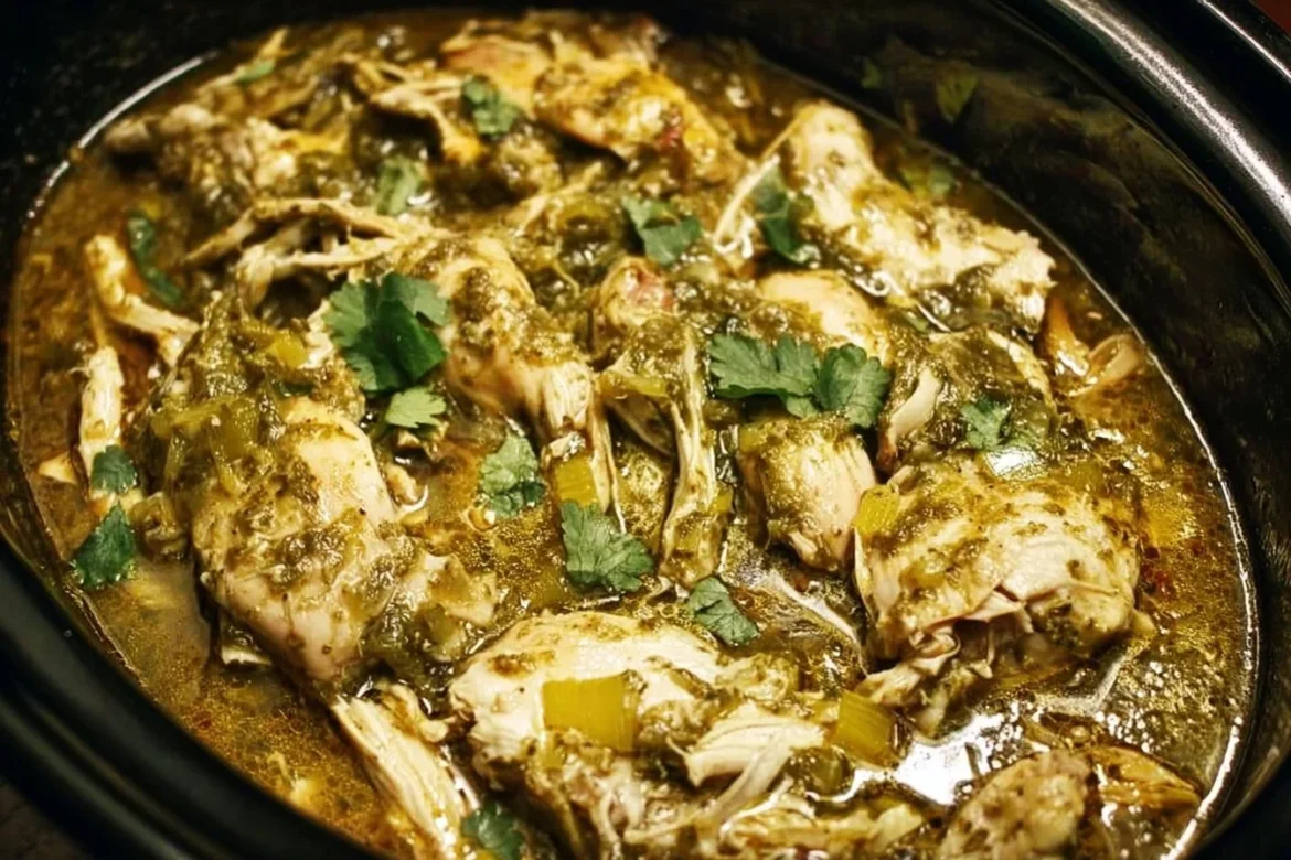 Green Sauce Crockpot Chicken prepared in a slow cooker