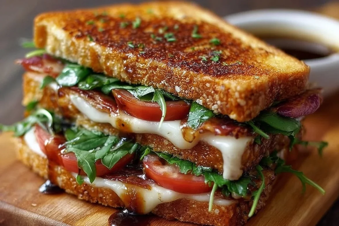 Grilled balsamic vinaigrette sandwich melt served with fresh ingredients and cheese