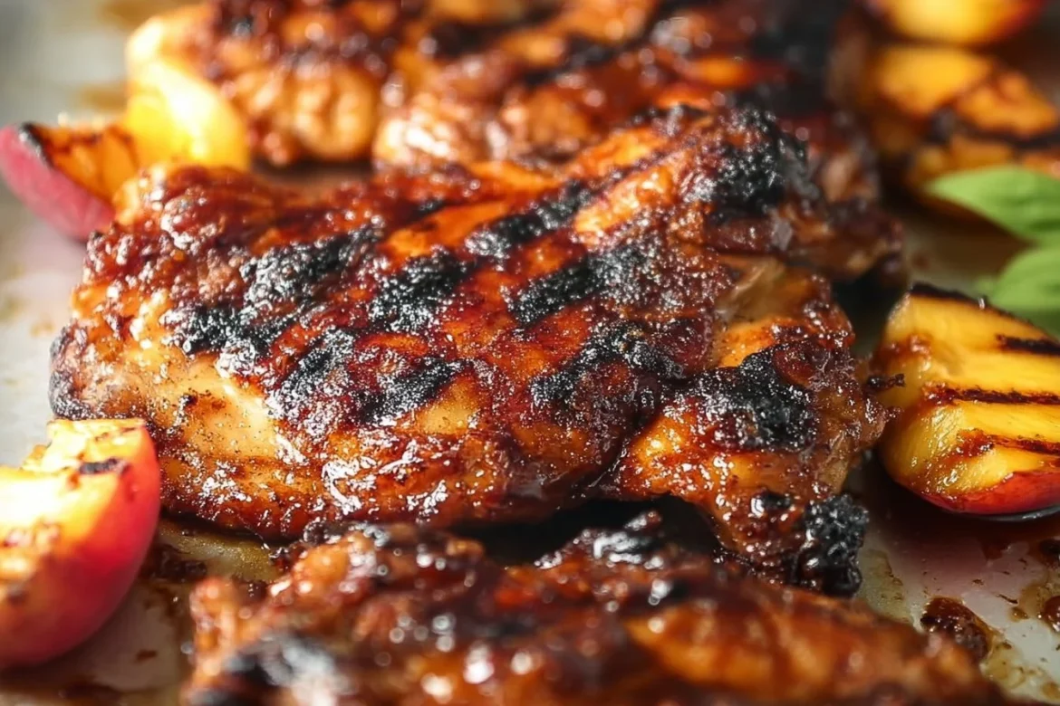 Grilled Bourbon Peach BBQ Chicken garnished with peaches and bourbon sauce
