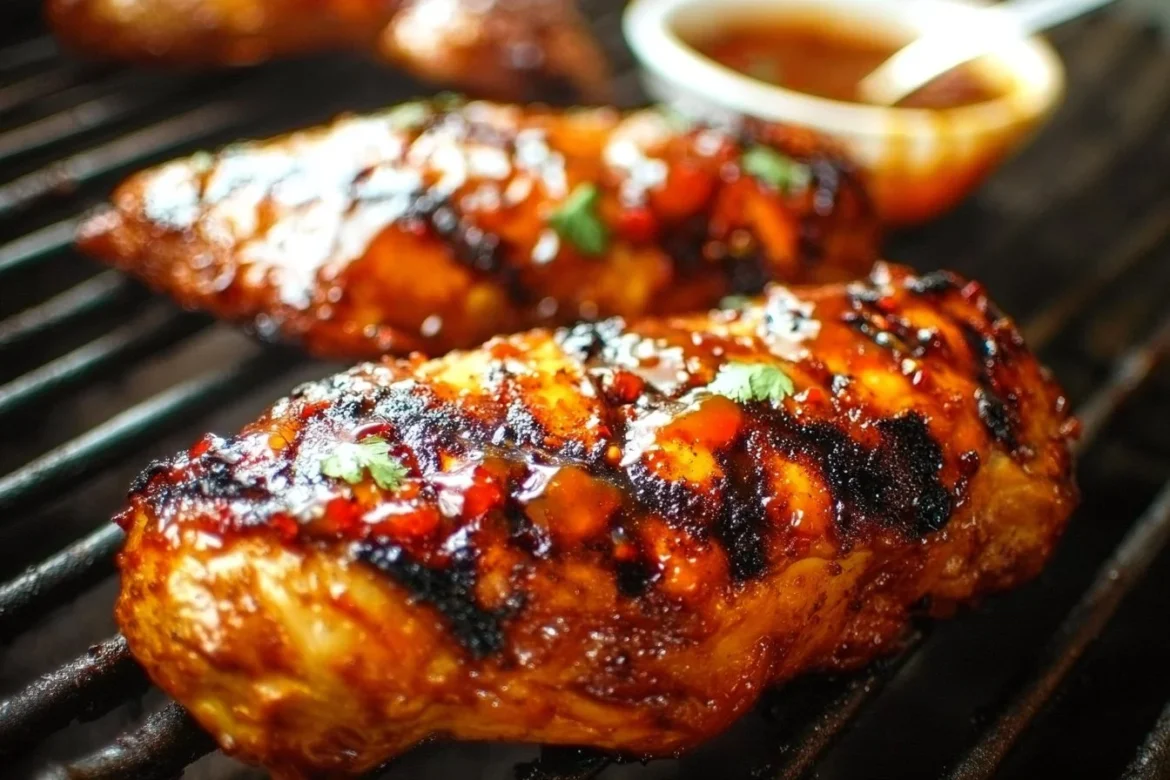 Grilled chicken with peach preserves and chili garlic sauce on a plate