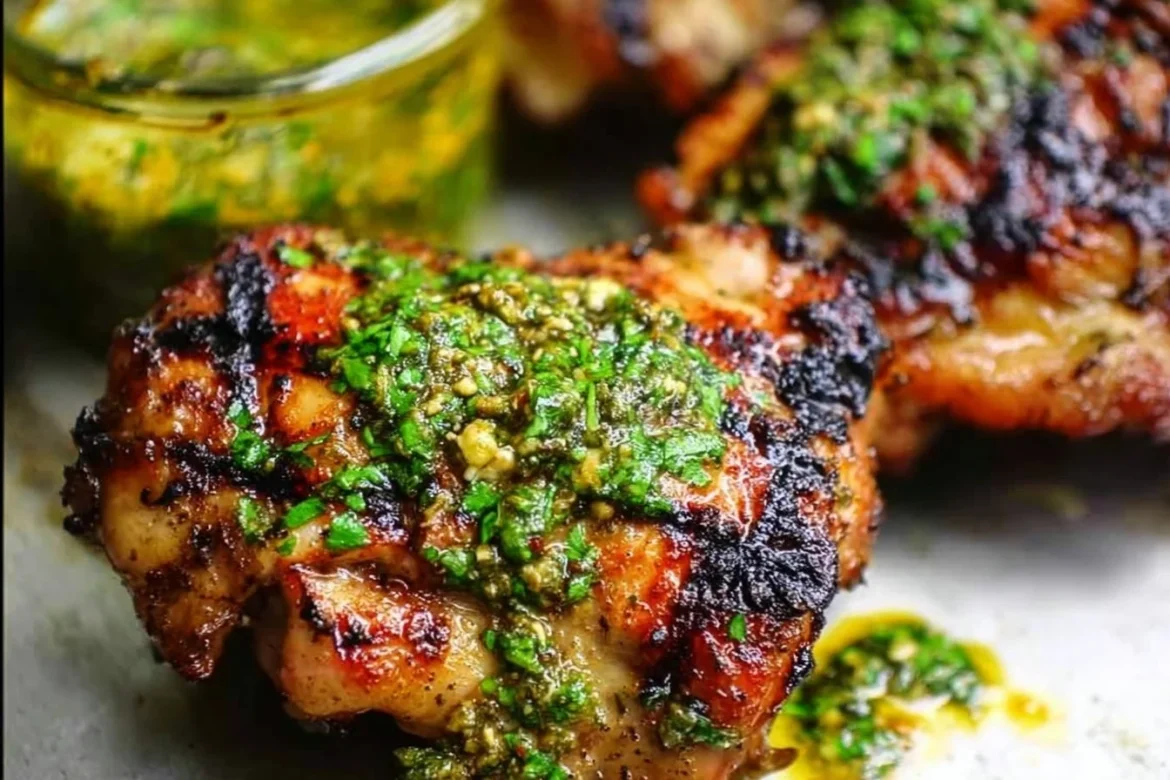 Grilled chimichurri chicken thighs garnished with fresh herbs on a plate.